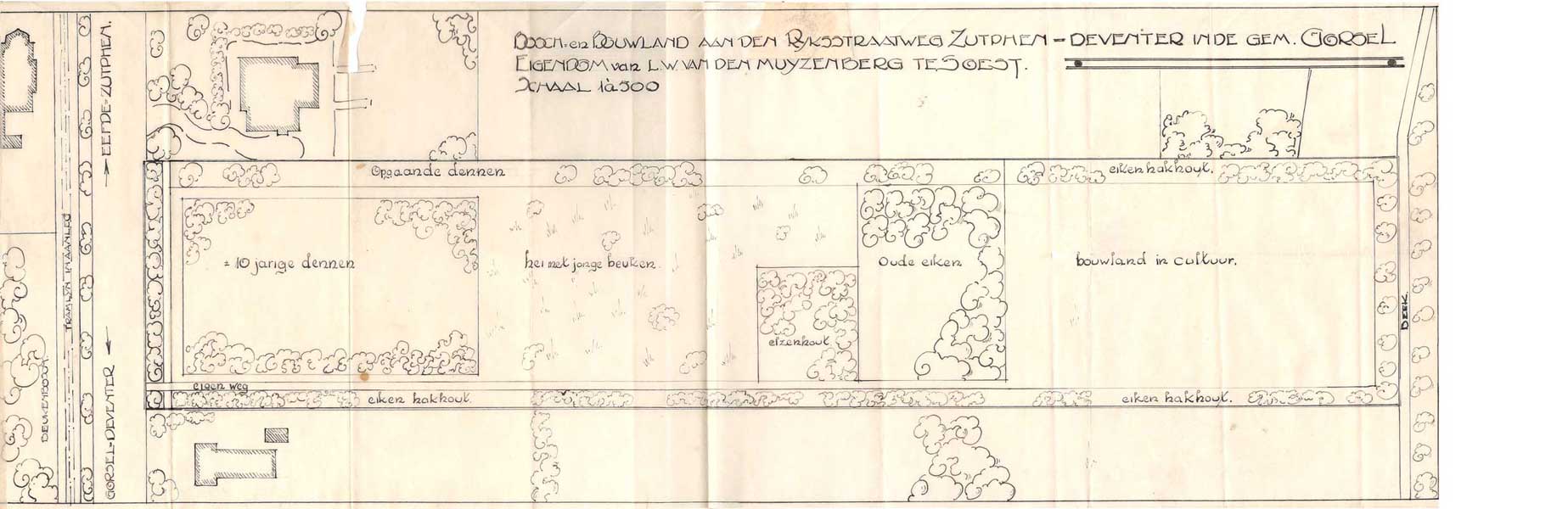 plattegrond met details: gebied met 10 jarige dennen, hei met jonge beuken, elzenhout, oude eiken, landbouw terrein