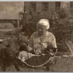 dame  zittend op de grond met twee poezen en een hond