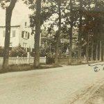 Straat met grote bomen en er is aangegeven waar het terrein te koop is