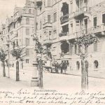 Straat, met kleine bomen, panden met 6 verdiepingen en paard en wagen