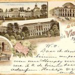 Warszawa - Warschau (1897) kaart met vier plaatjes van beroemde gebouwen in Warschau